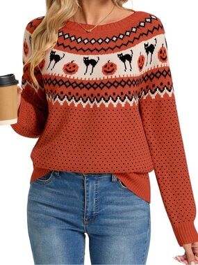 Orange Halloween Knit Sweater with Cat & Pumpkin Pattern